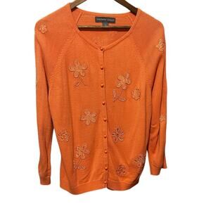 Y2K VTG Josephine Chaus Women‎ Beaded Flower Cardigan L Peach Cottagecore Boho